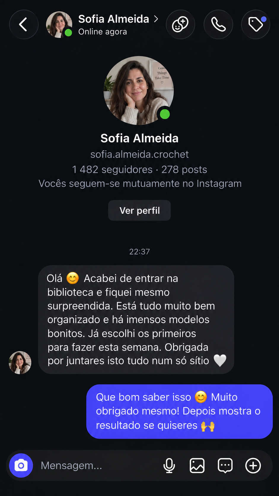 Mensagem de Sofia Almeida após aceder à biblioteca