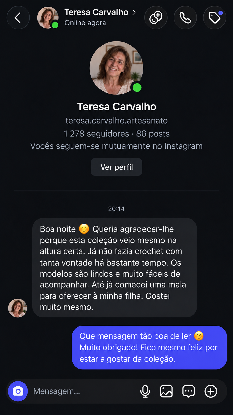 Mensagem de Teresa Carvalho sobre a coleção de crochet