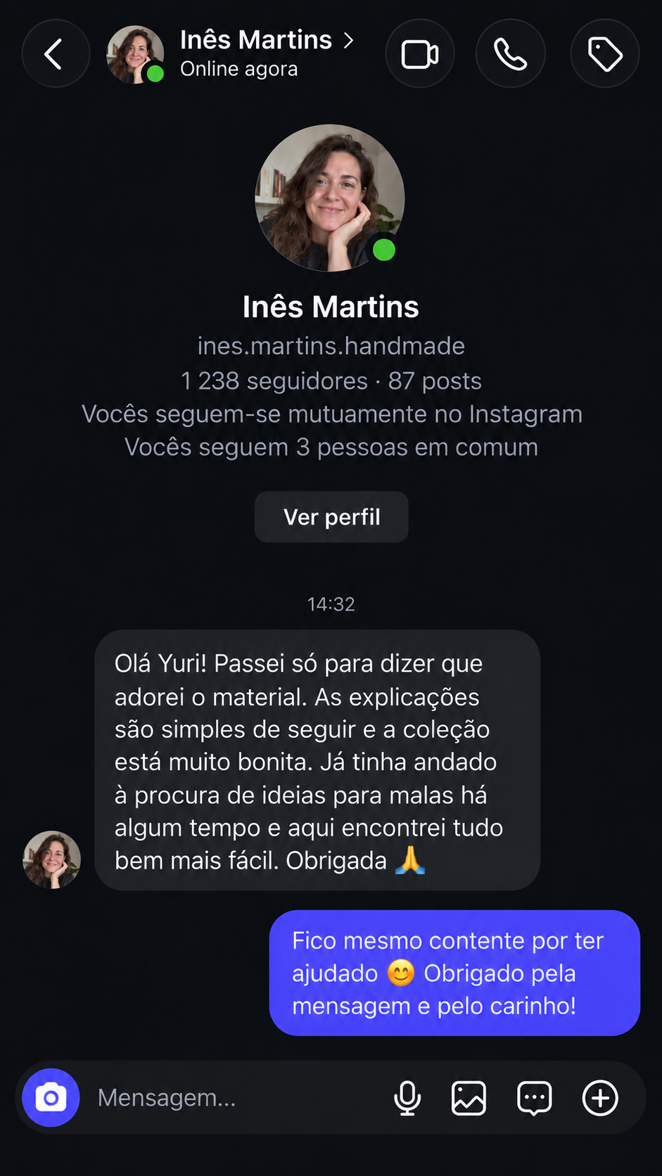 Mensagem de Inês Martins sobre o material da biblioteca