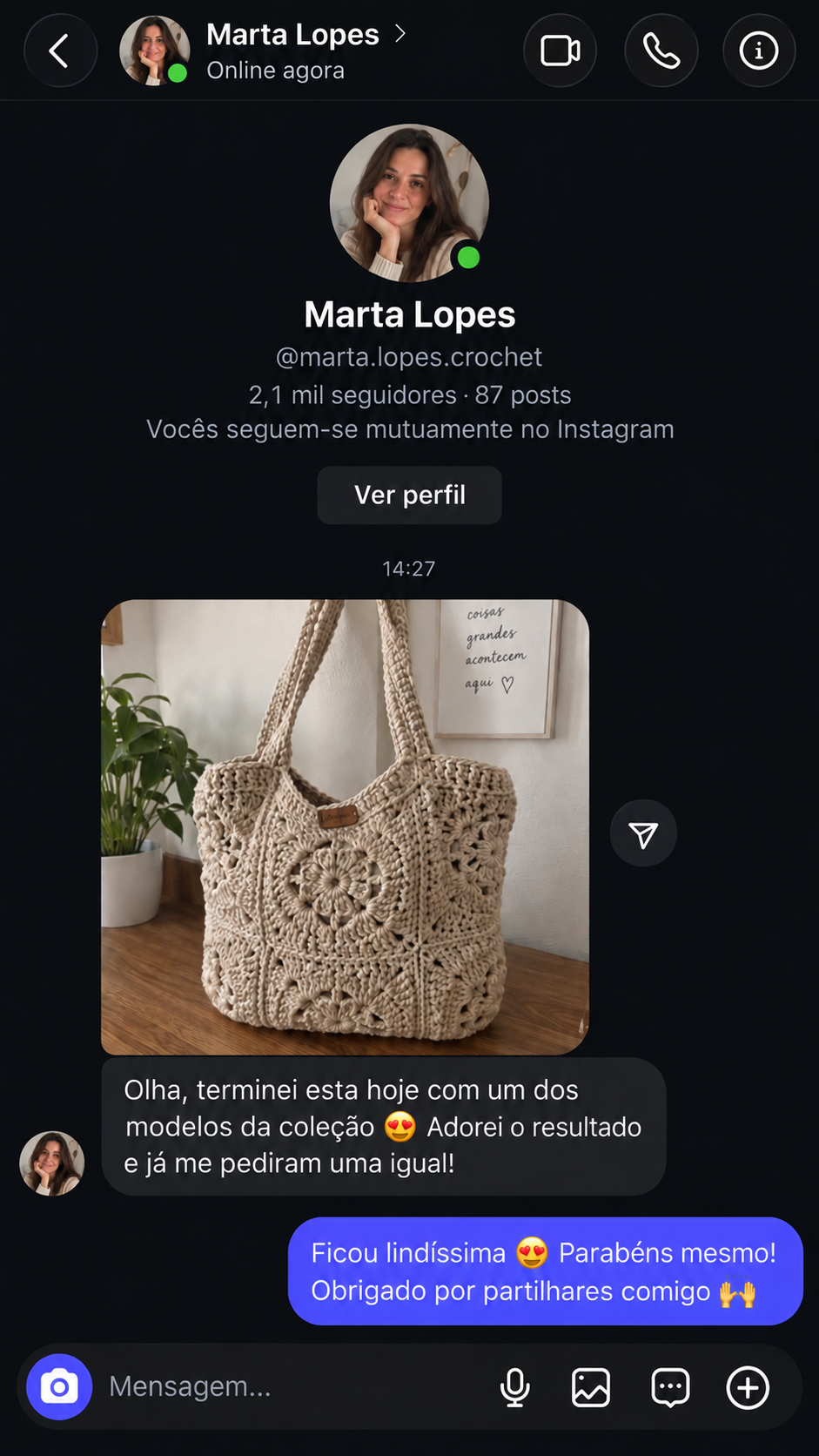 Mensagem de Marta Lopes sobre um modelo criado com a coleção